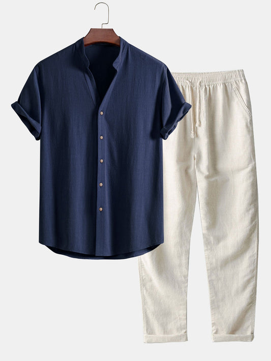 V Neck Linen Rayon Blend Shirt & Straight Leg Linen Pants