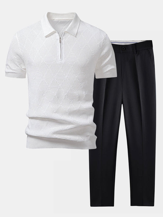 Rhombus Textured Zip Up Knitted Polo Shirt & Slim Fit Tapered Trousers