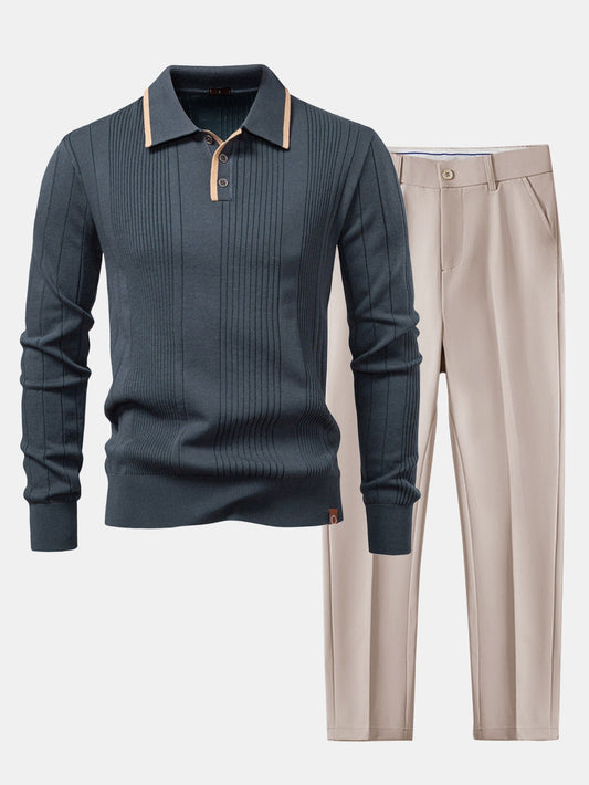 Long Sleeved Knitted Stripe Jacquard Polo Shirt & Slim Fit Tapered Trousers