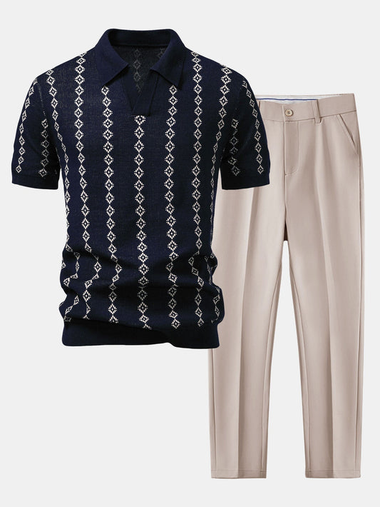 Geometric Knit V Neck Polo Shirt & Slim Fit Tapered Trousers
