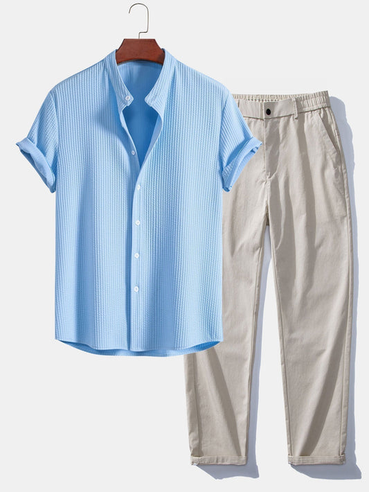 Muscle Fit Ribbed Stand Collar Shirt & Elastic Waist Straight Leg Trousers
