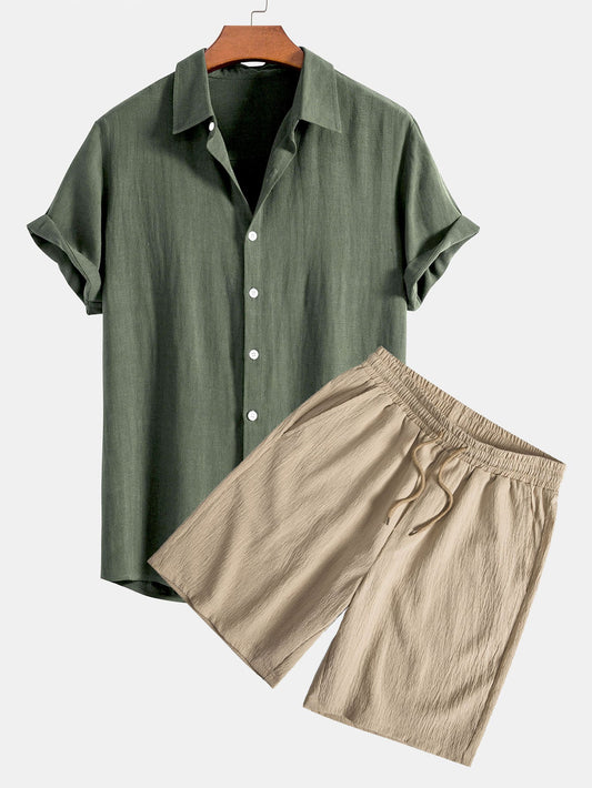 Linen Rayon Blend Button Up Shirt & Crinkled Textured Drawstring Shorts
