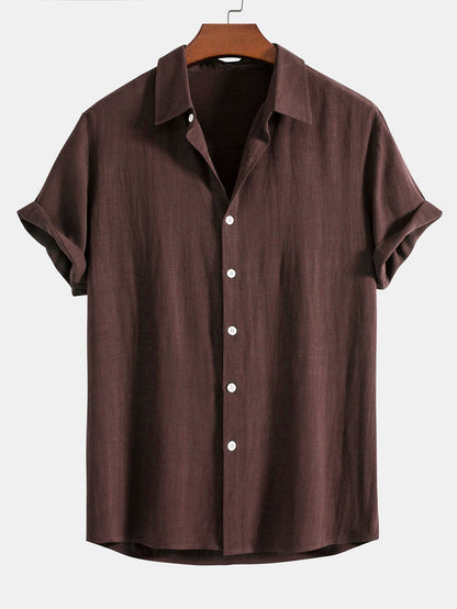 Linen Rayon Blend Button Up Shirt & Crinkled Textured Drawstring Shorts