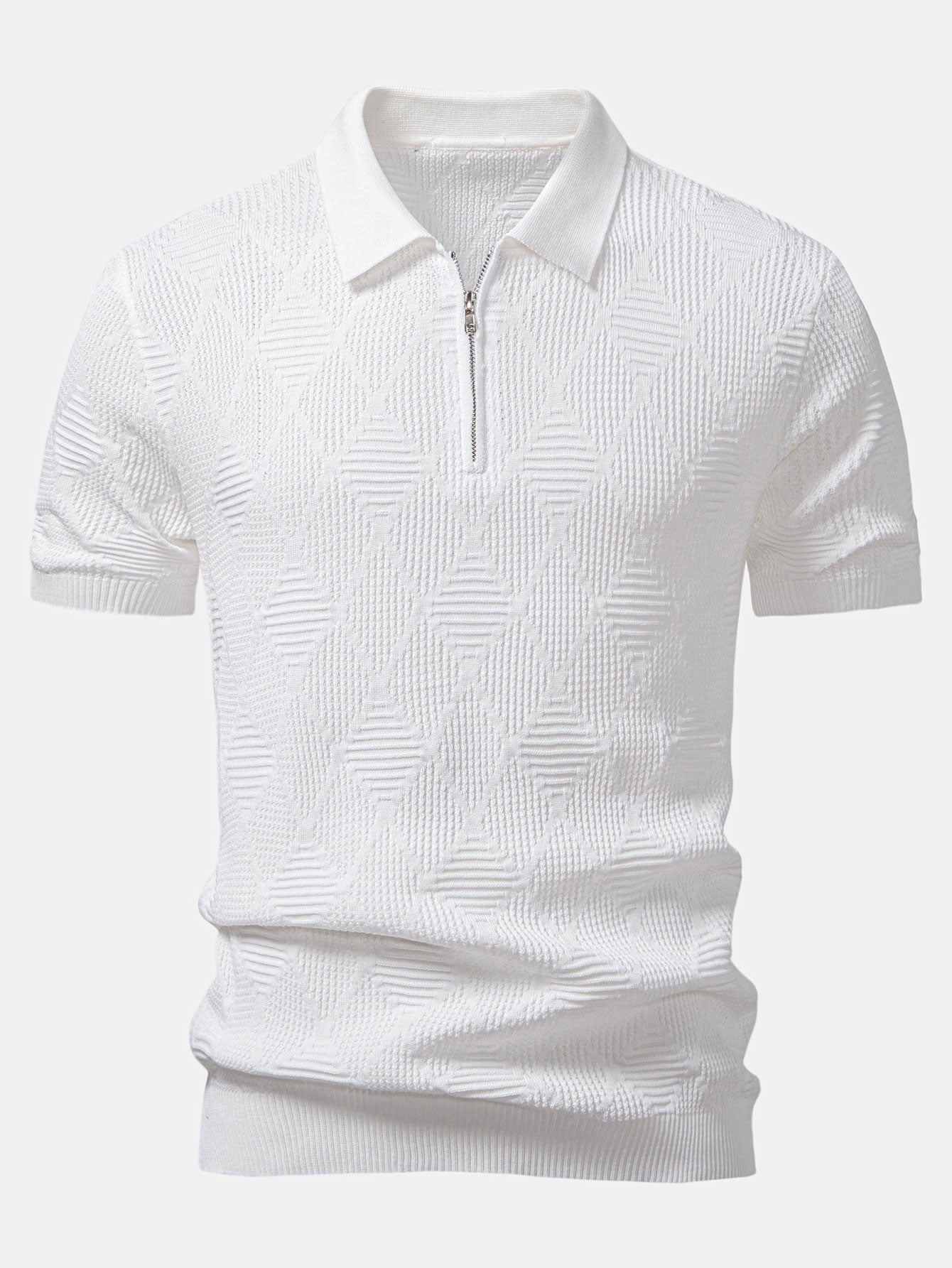 Rhombus Textured Zip Up Knitted Polo Shirt & Slim Fit Tapered Trousers