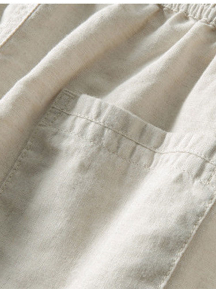 Striped Eyelet Knit Zip Up Polo Shirt & Straight Leg Linen Pants